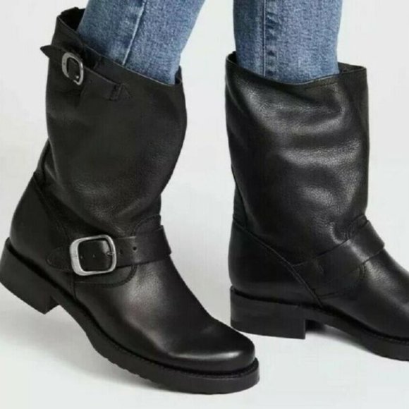 Frye Veronica Short Belted Black Leather Popular Moto Vintage Combat Ankle Boot - Picture 4 of 16